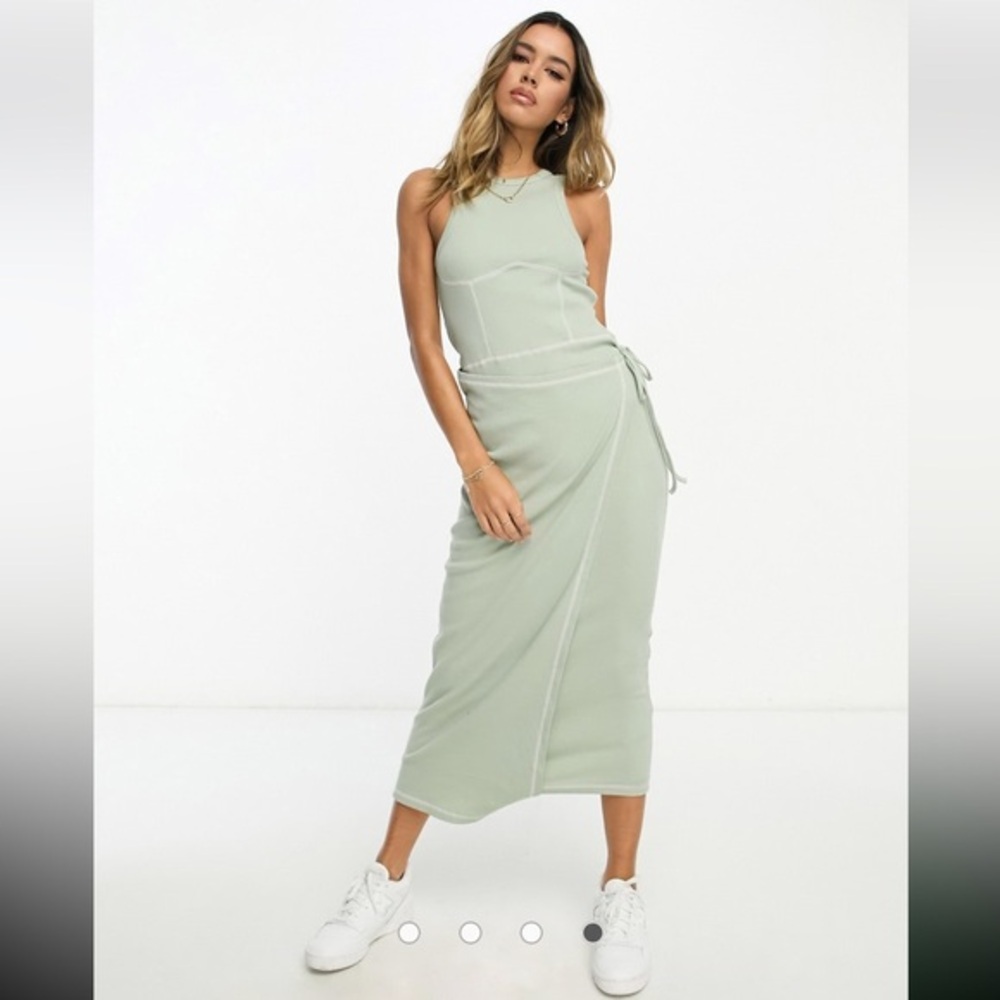 NWT Asos Contrast Stitch Sage Green Sleeveless Midi Wrap Dress